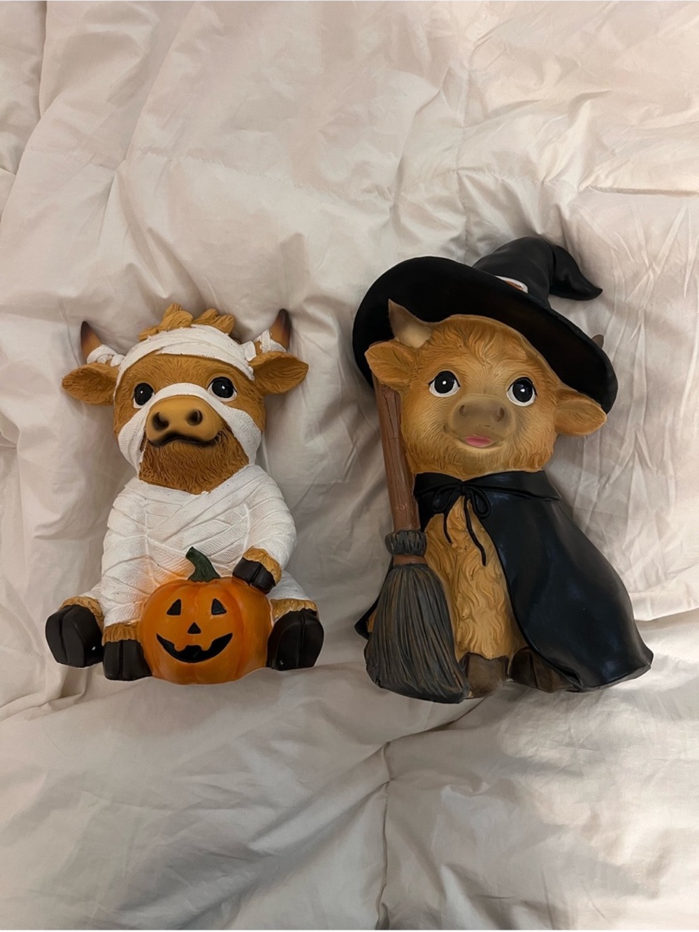VIRAL Halloween Highland Cow Witch and Mummy Figurine Sitter Decor